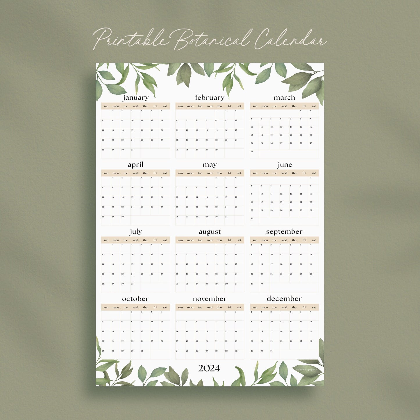 Printable 2024 Wall Calendar, Botanical Art Wall Planner, Full Year Digital Calendar,